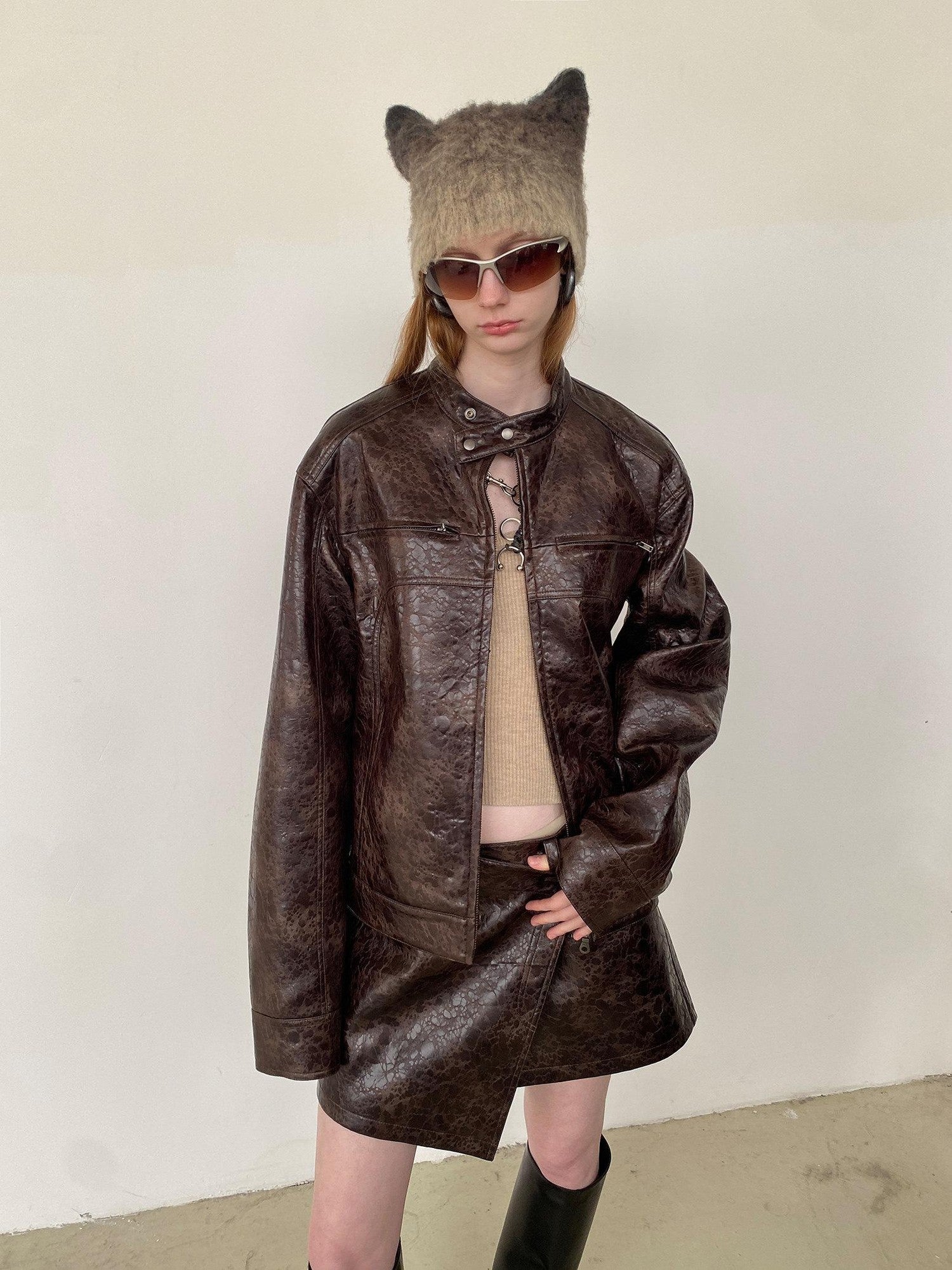 Delivery Brown Leopard Print Textured Stand Collar Women&