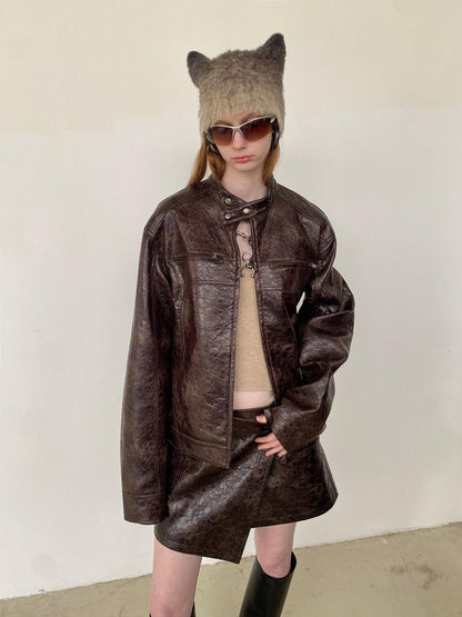 Delivery Brown Leopard Print Textured Stand Collar Women&