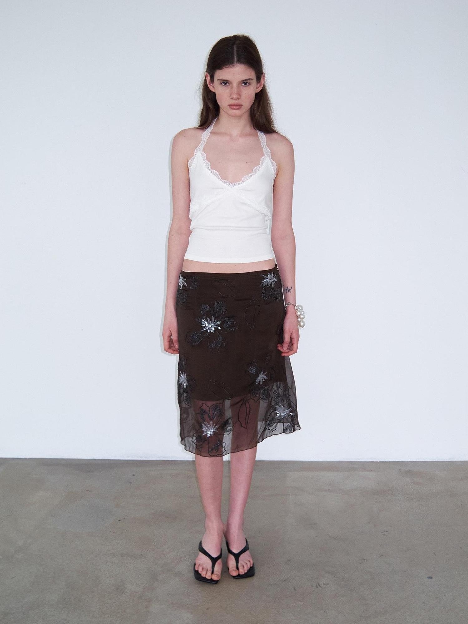 Delivery Brown Sequin Floral 3d Embroidered Low Waist Straight Women&