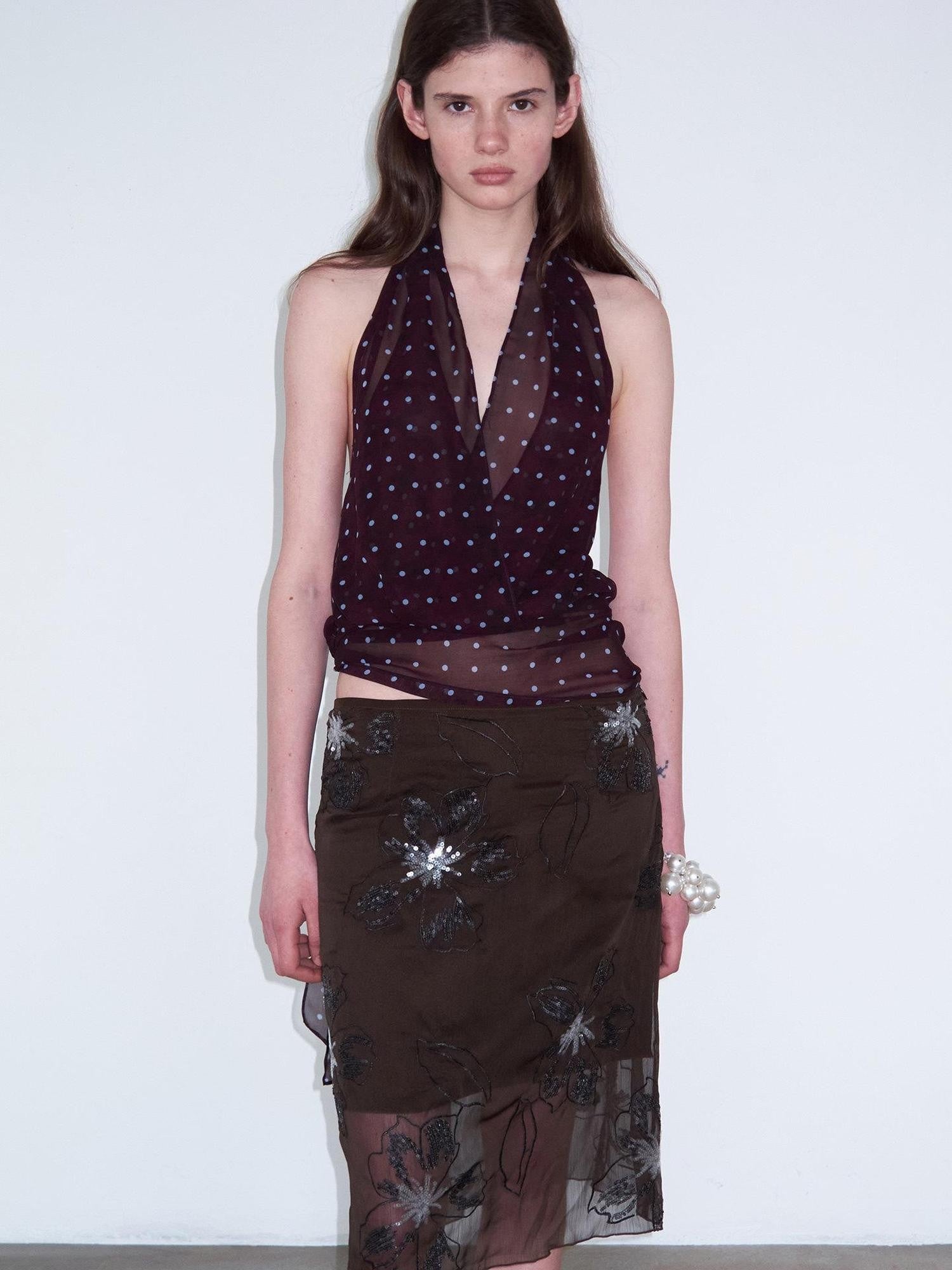 Delivery Brown Sequin Floral 3d Embroidered Low Waist Straight Women&