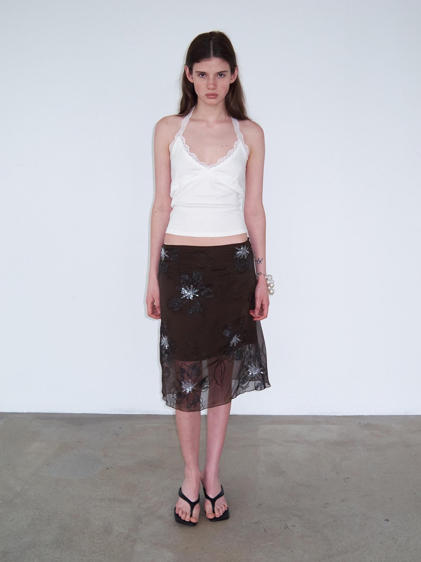 Delivery Brown Sequin Floral 3d Embroidered Low Waist Straight Women&