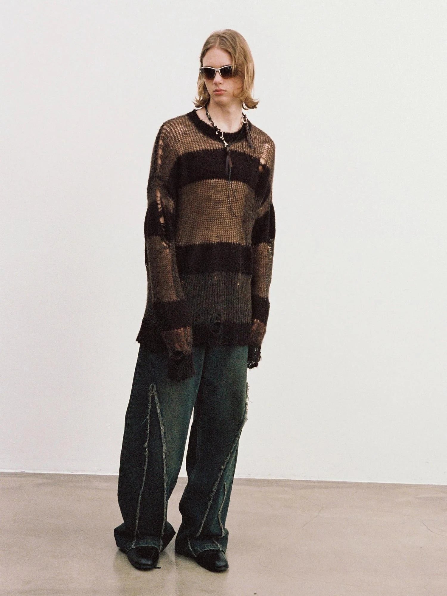 Brown Striped Knit Sweater With Distressed Openwork Texture