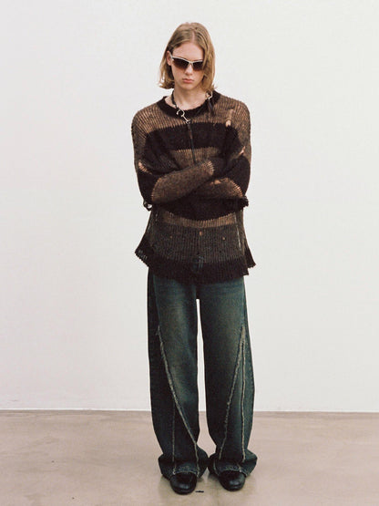 Delivery Brown Striped Knit Sweater With Distressed Openwork Texture