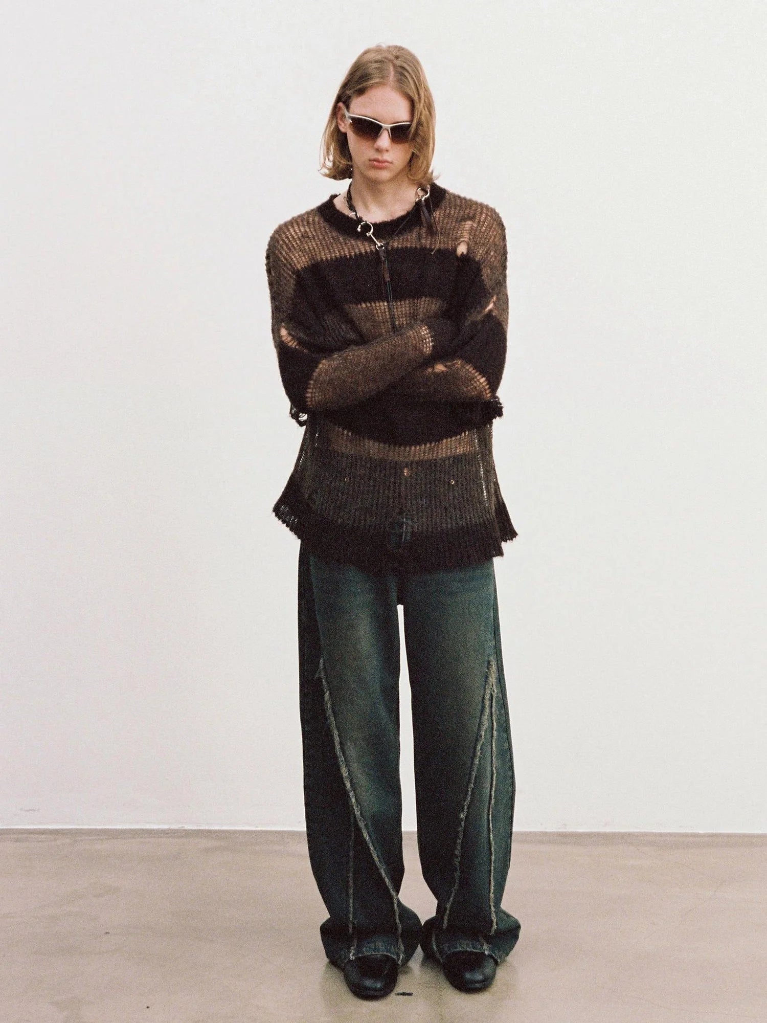 Brown Striped Knit Sweater With Distressed Openwork Texture