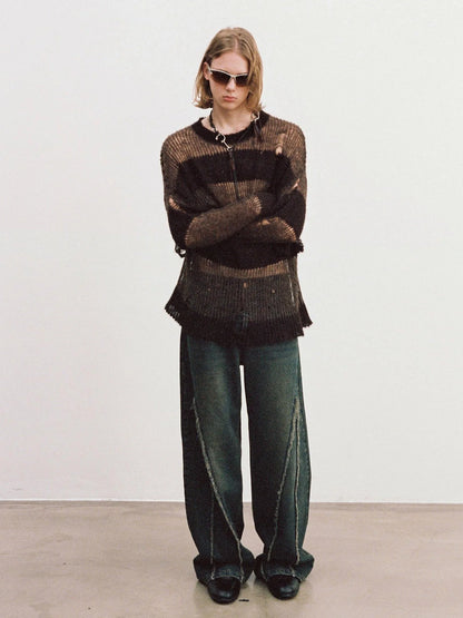 Brown Striped Knit Sweater With Distressed Openwork Texture