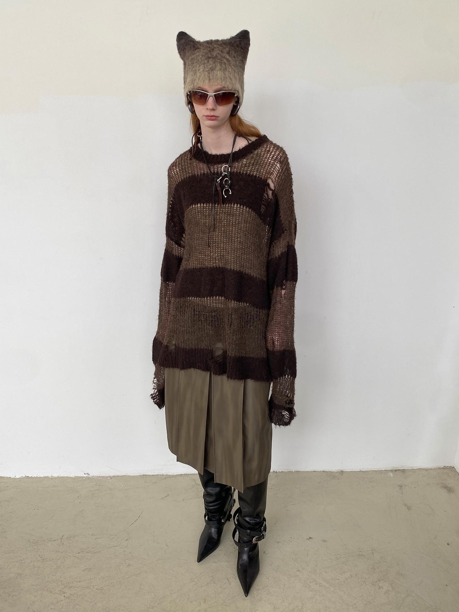 Delivery Brown Striped Knit Sweater With Distressed Openwork Texture