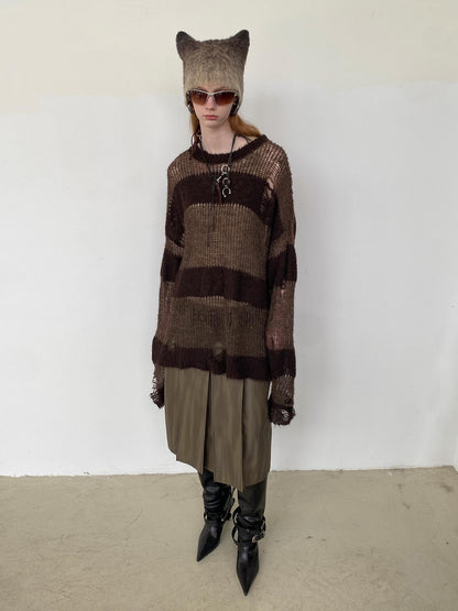 Delivery Brown Striped Knit Sweater With Distressed Openwork Texture