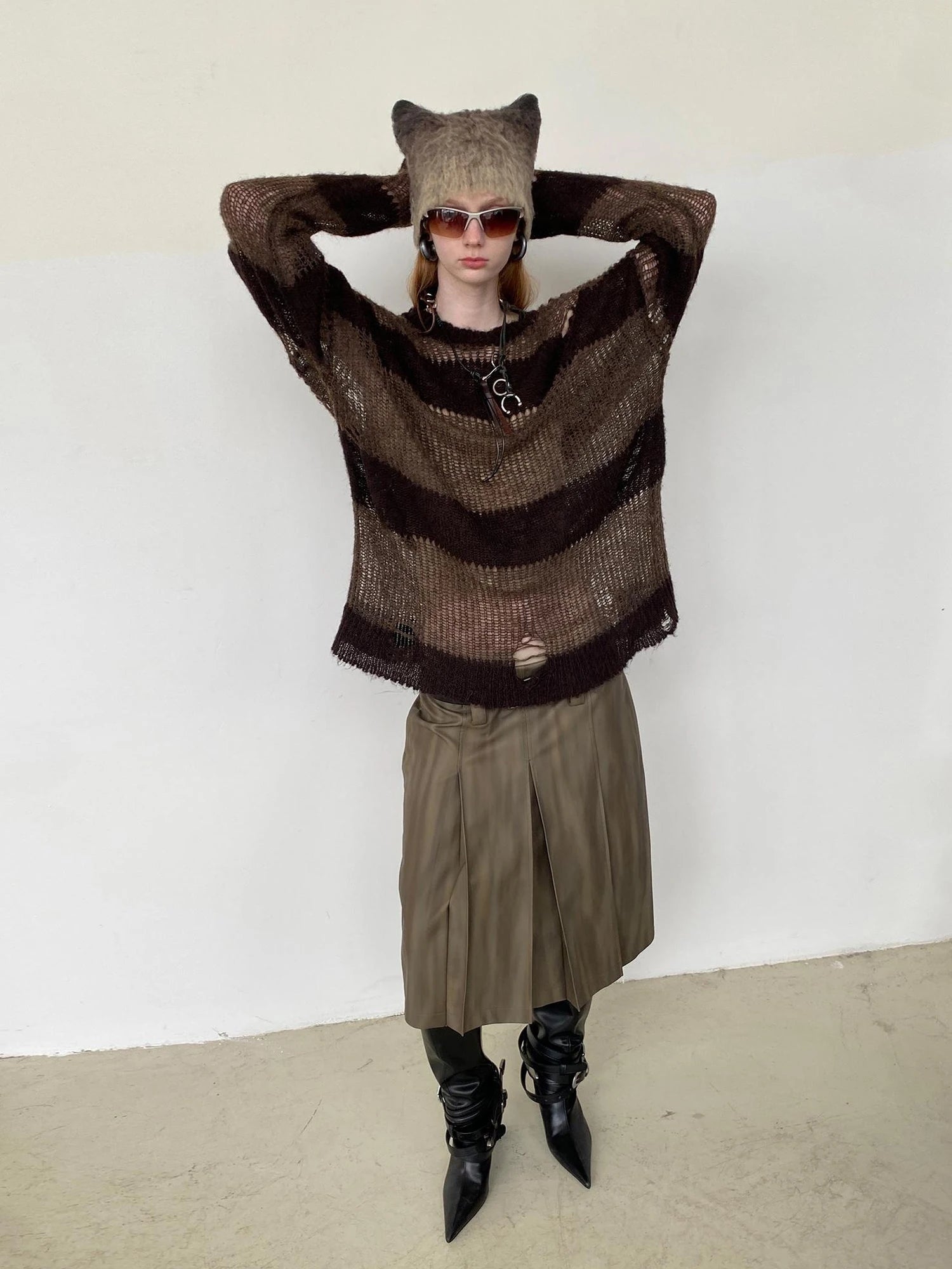 Brown Striped Knit Sweater With Distressed Openwork Texture