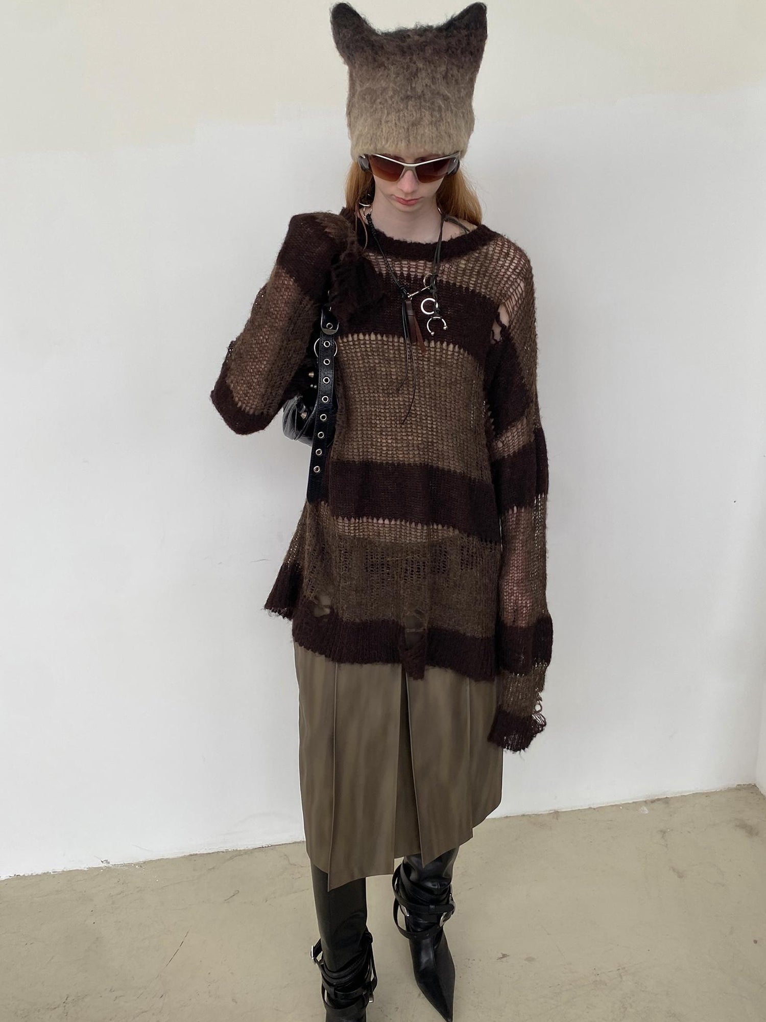 Delivery Brown Striped Knit Sweater With Distressed Openwork Texture