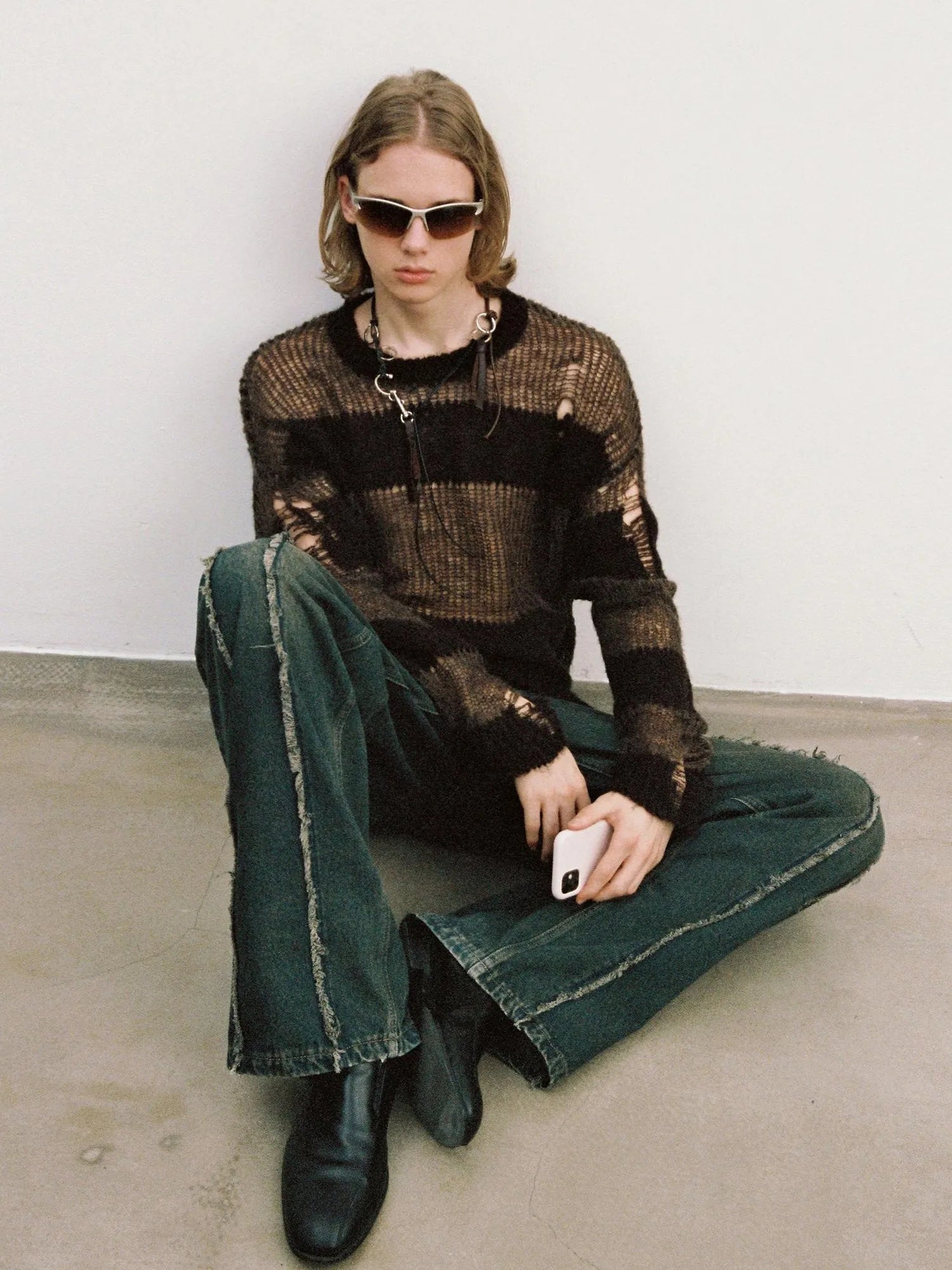 Brown Striped Knit Sweater With Distressed Openwork Texture