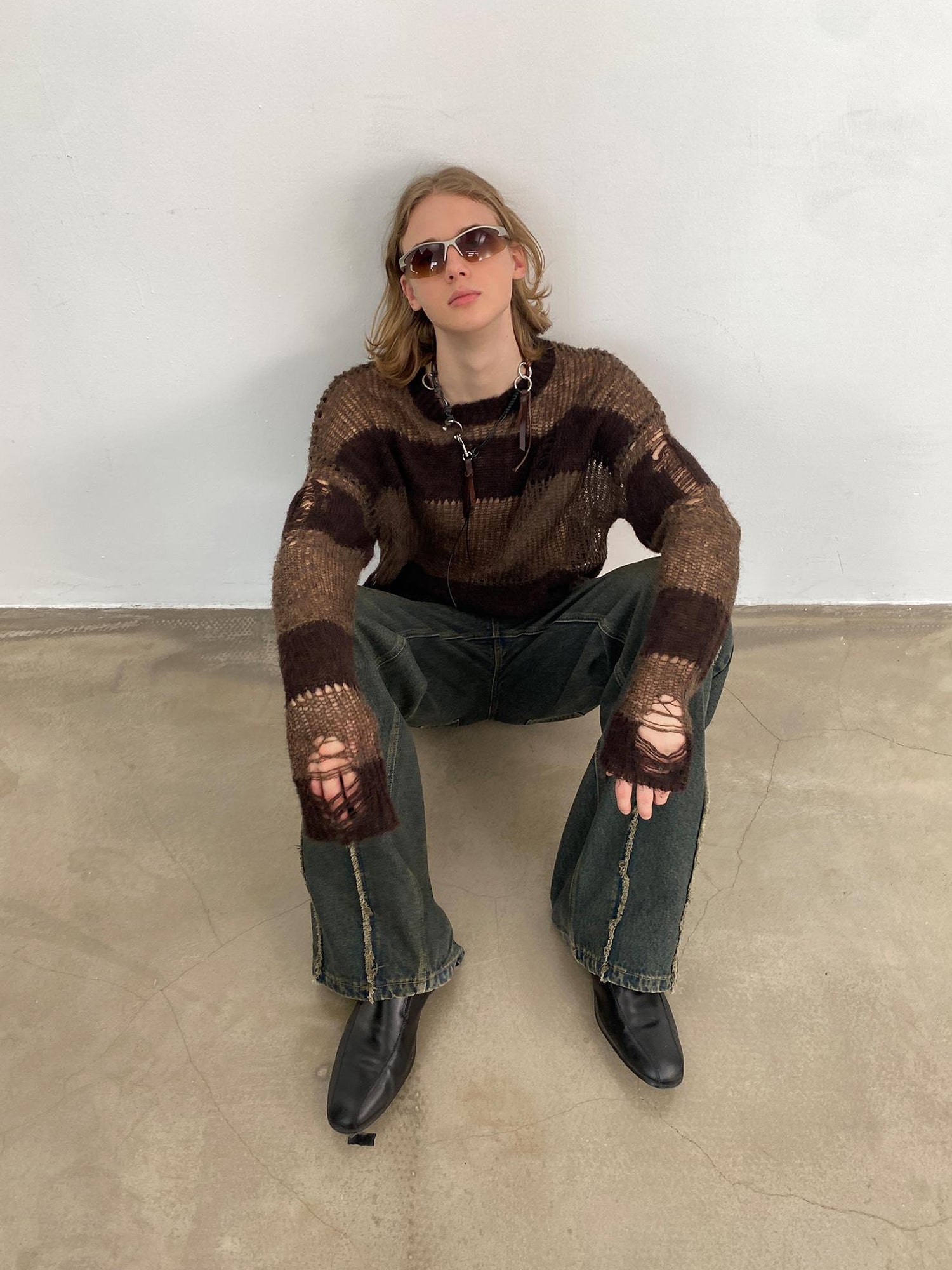 Delivery Brown Striped Knit Sweater With Distressed Openwork Texture