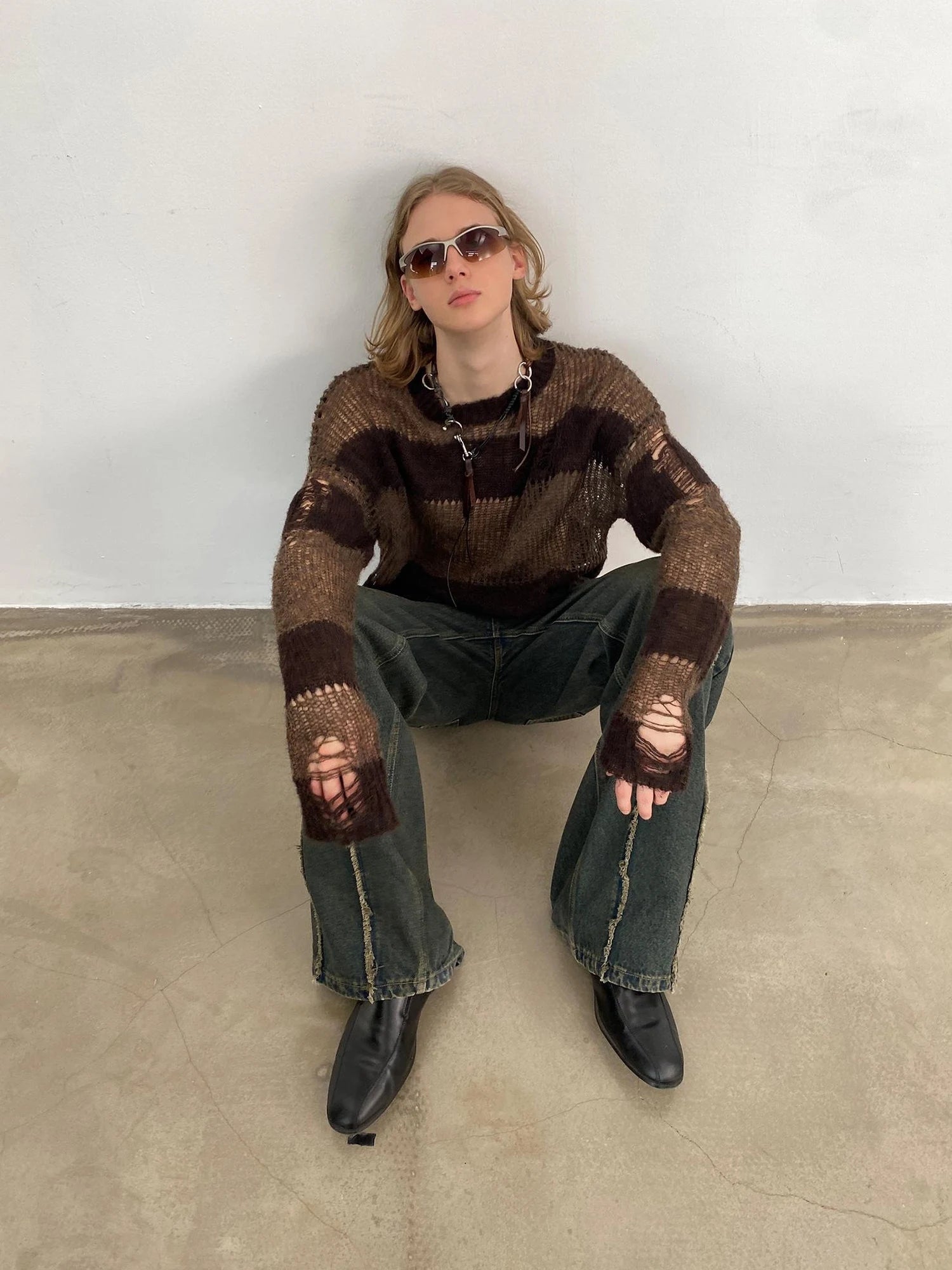 Brown Striped Knit Sweater With Distressed Openwork Texture