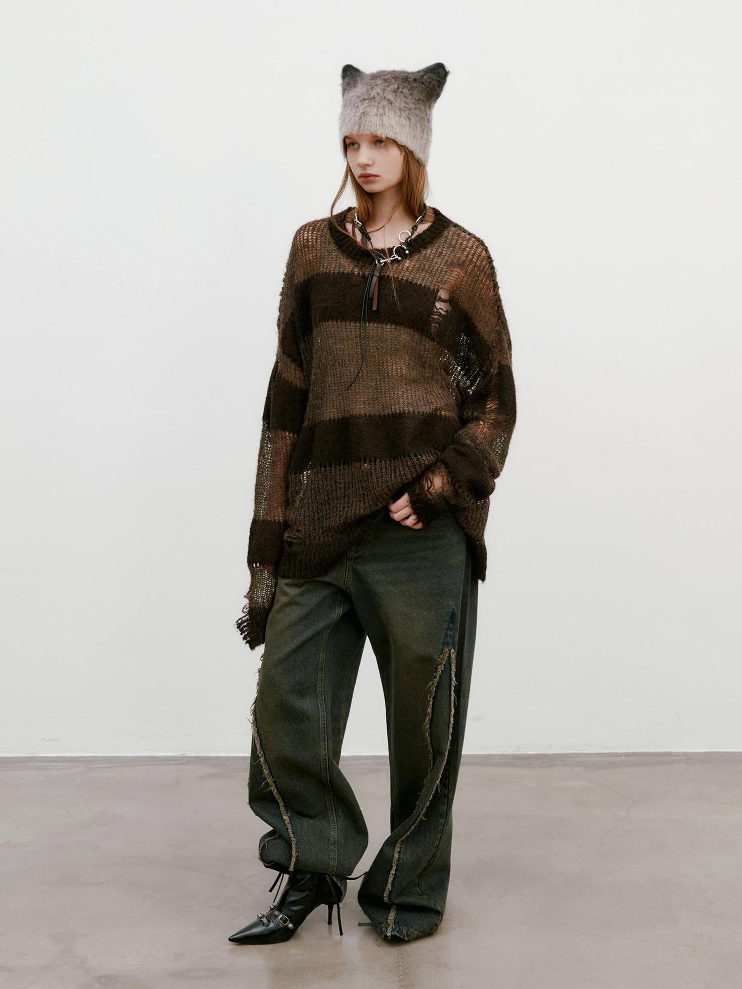 Delivery Brown Striped Knit Sweater With Distressed Openwork Texture