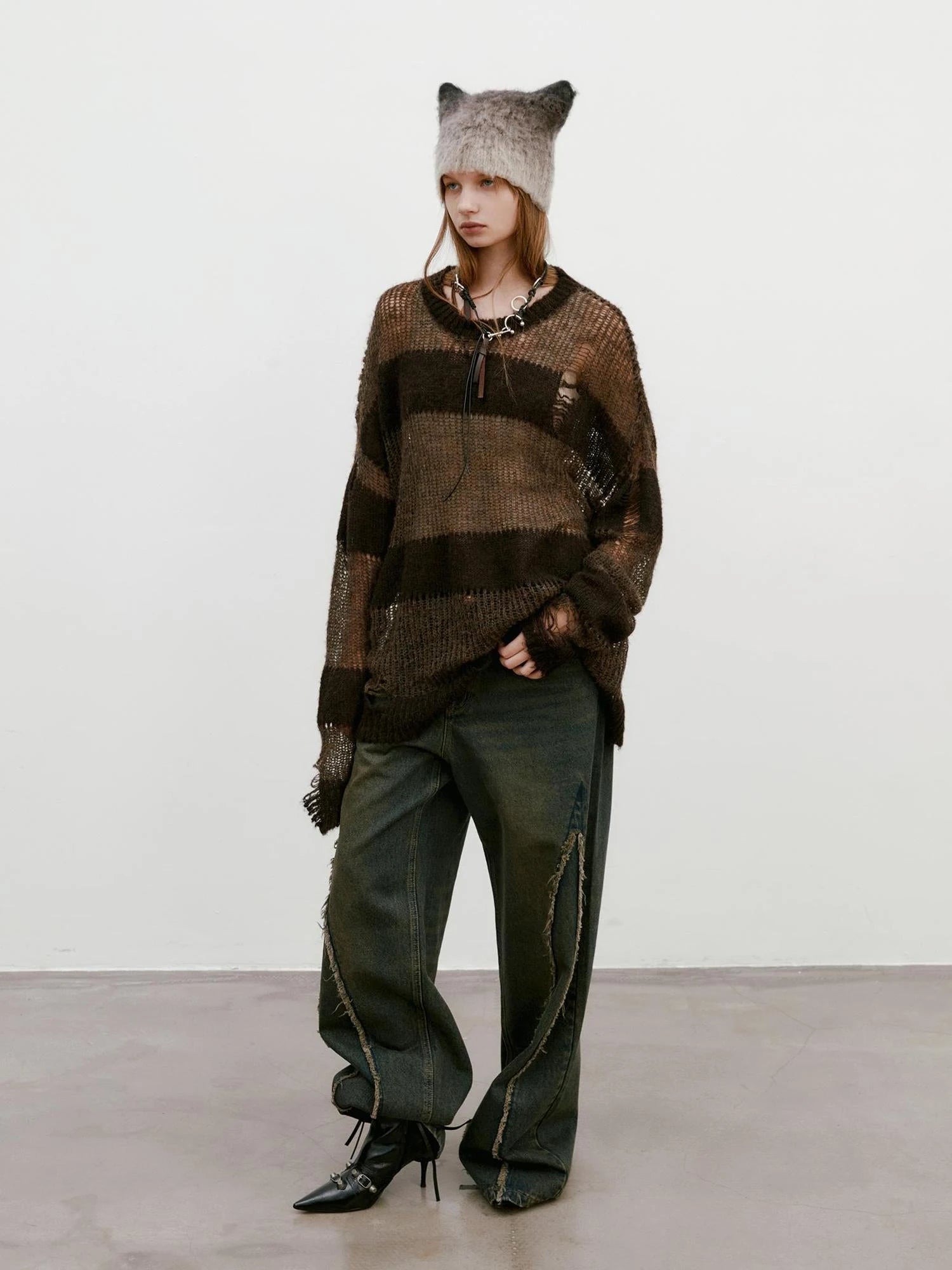 Brown Striped Knit Sweater With Distressed Openwork Texture