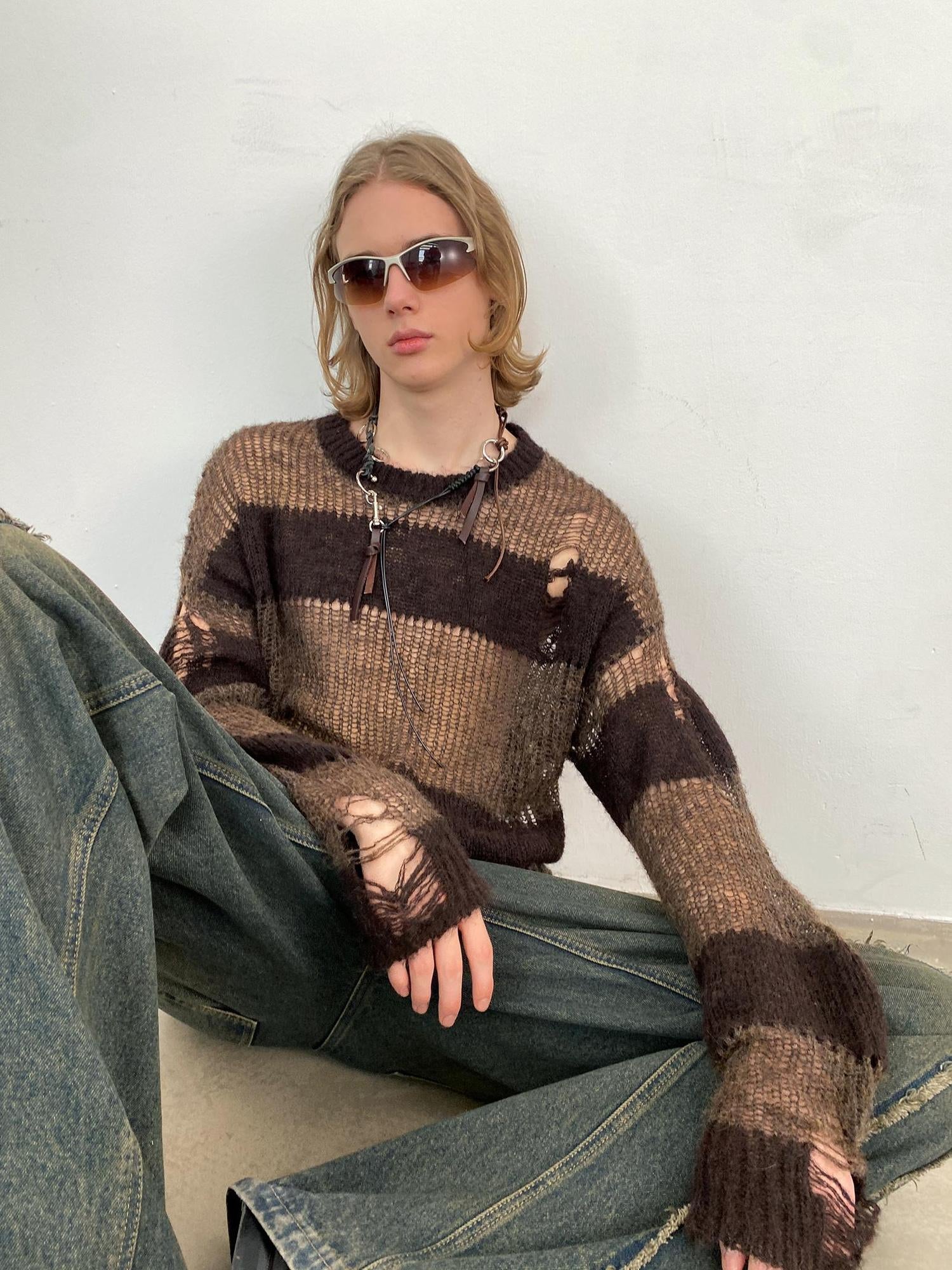 Delivery Brown Striped Knit Sweater With Distressed Openwork Texture