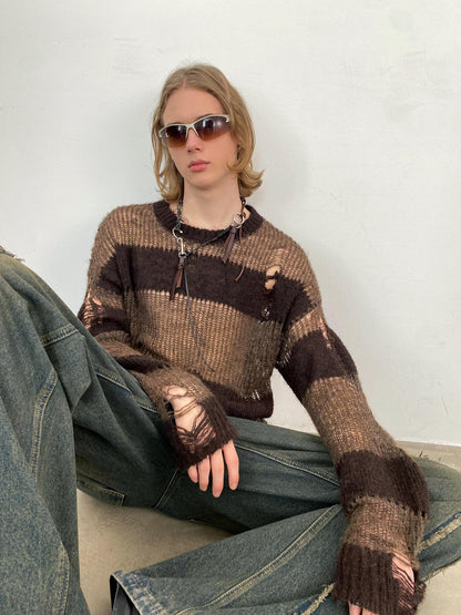 Delivery Brown Striped Knit Sweater With Distressed Openwork Texture