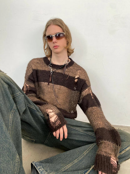 Brown Striped Knit Sweater With Distressed Openwork Texture