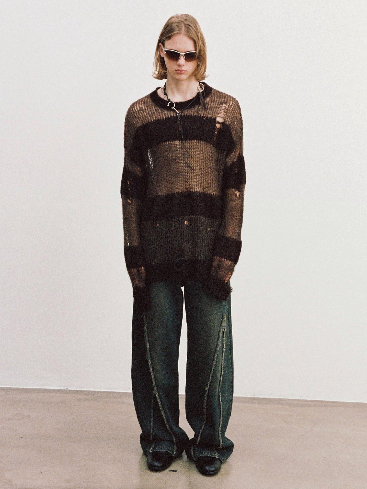 Delivery Brown Striped Knit Sweater With Distressed Openwork Texture