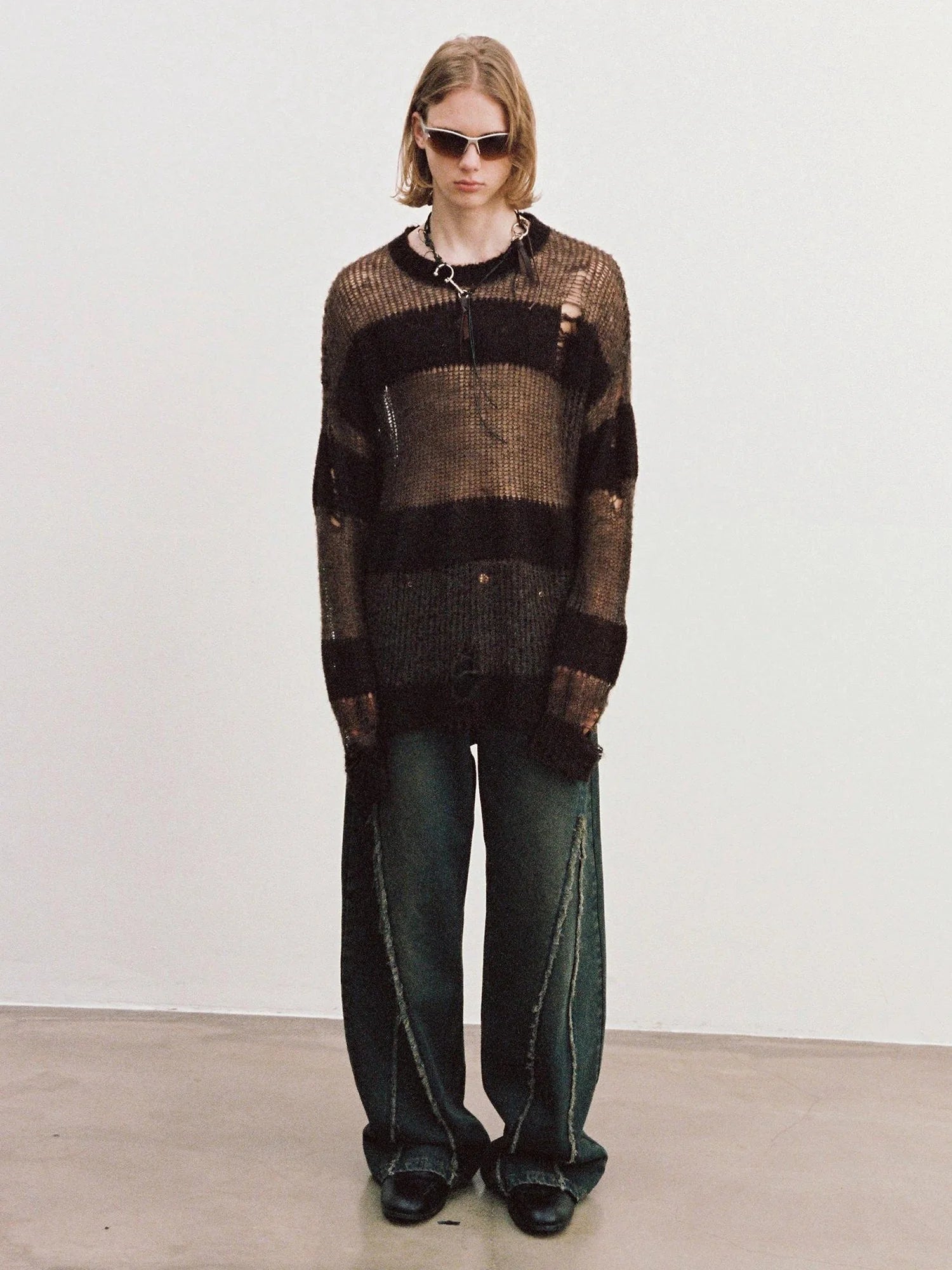Brown Striped Knit Sweater With Distressed Openwork Texture