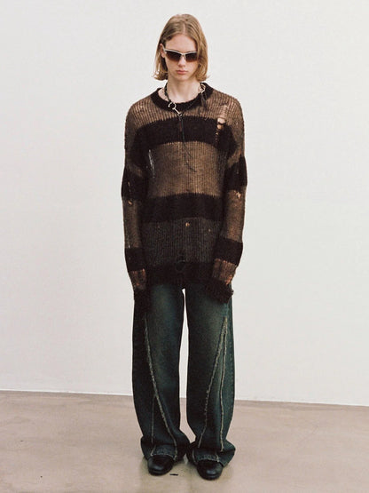 Brown Striped Knit Sweater With Distressed Openwork Texture