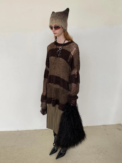 Brown Striped Knit Sweater With Distressed Openwork Texture