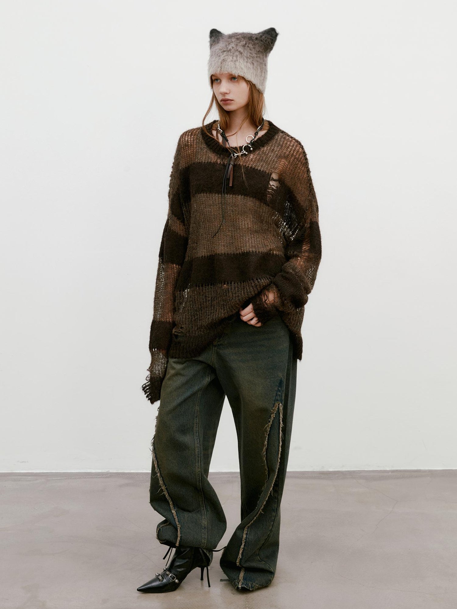 Delivery Brown Striped Knit Sweater With Distressed Openwork Texture