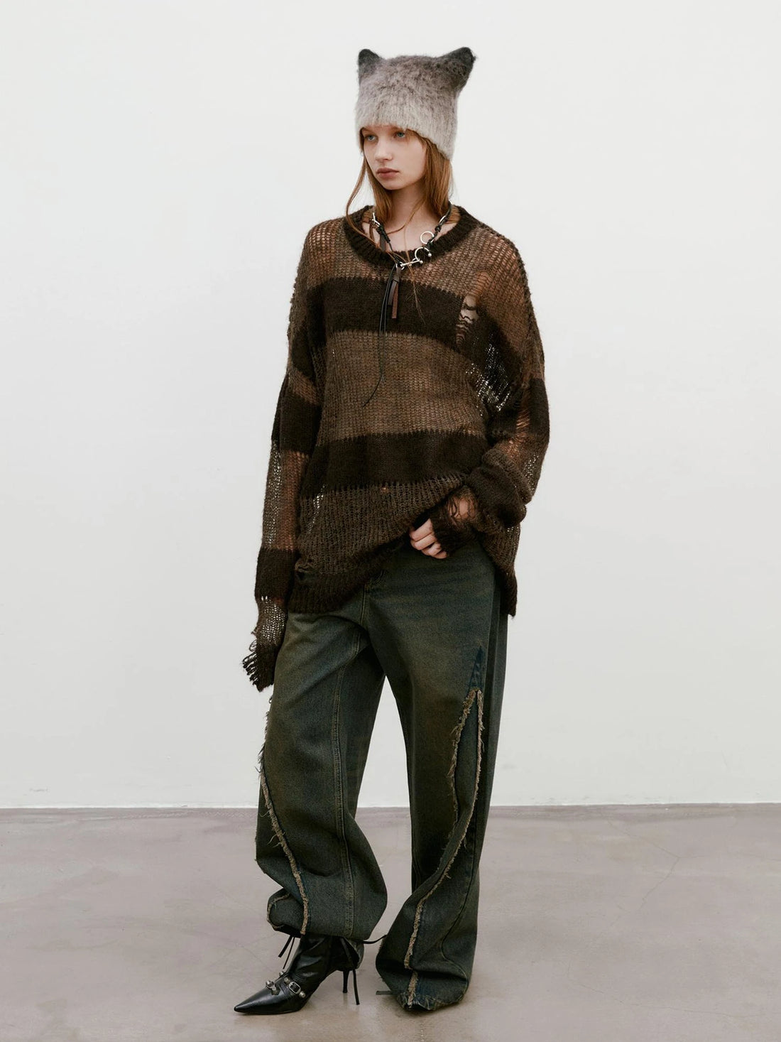 Brown Striped Knit Sweater With Distressed Openwork Texture
