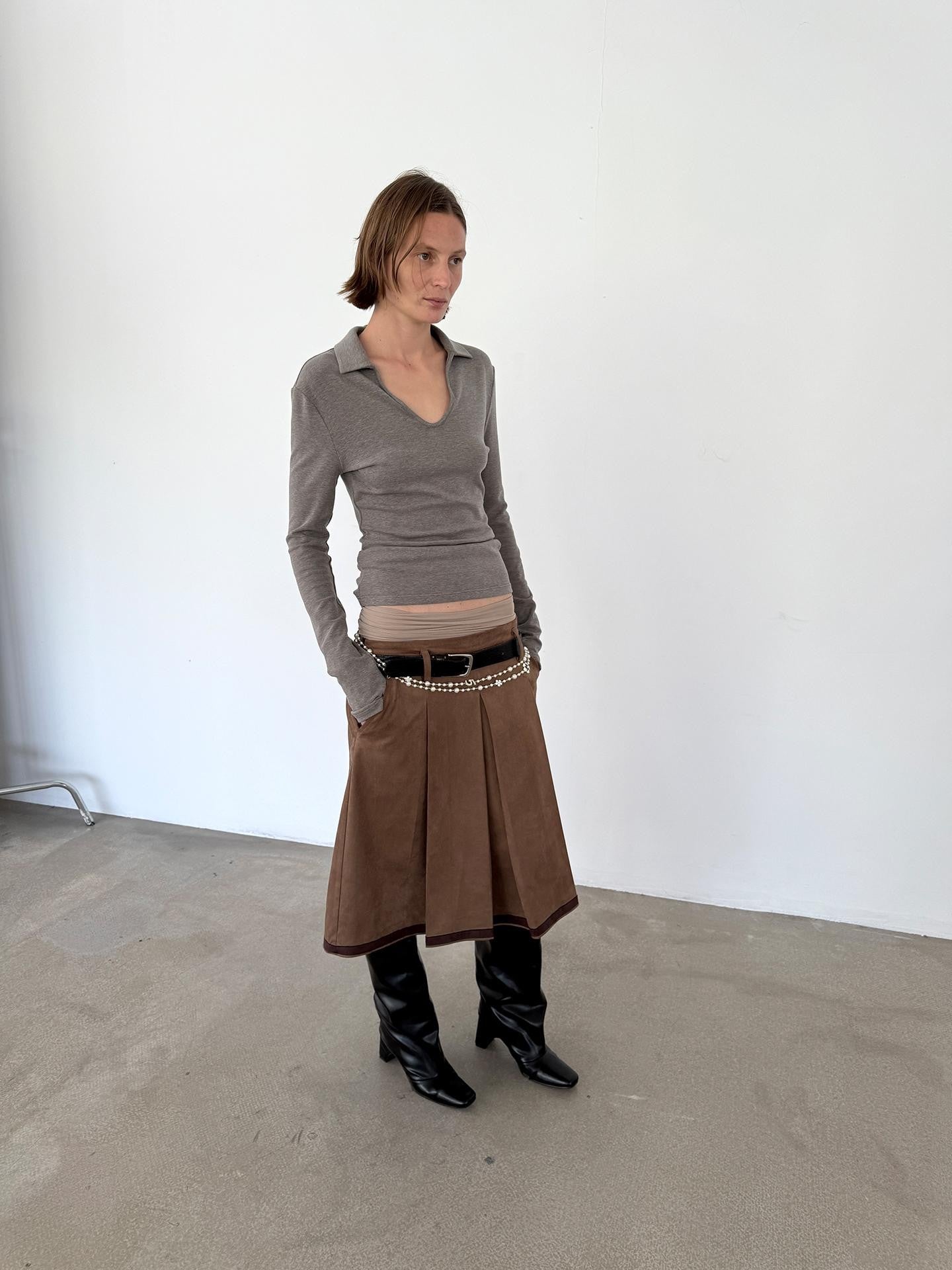 Delivery Brown Suede Aline Colorblock Hem Hand Pressed Pleats Women&