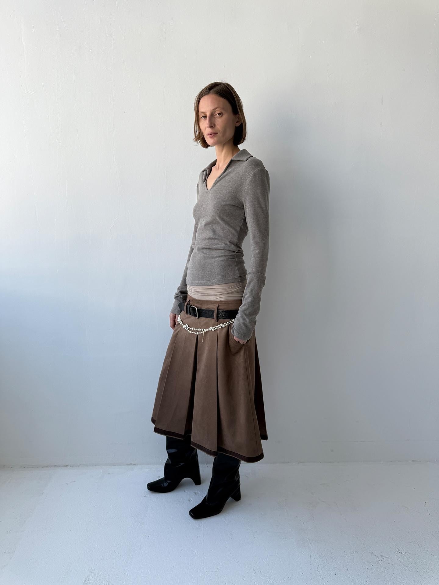 Delivery Brown Suede Aline Colorblock Hem Hand Pressed Pleats Women&