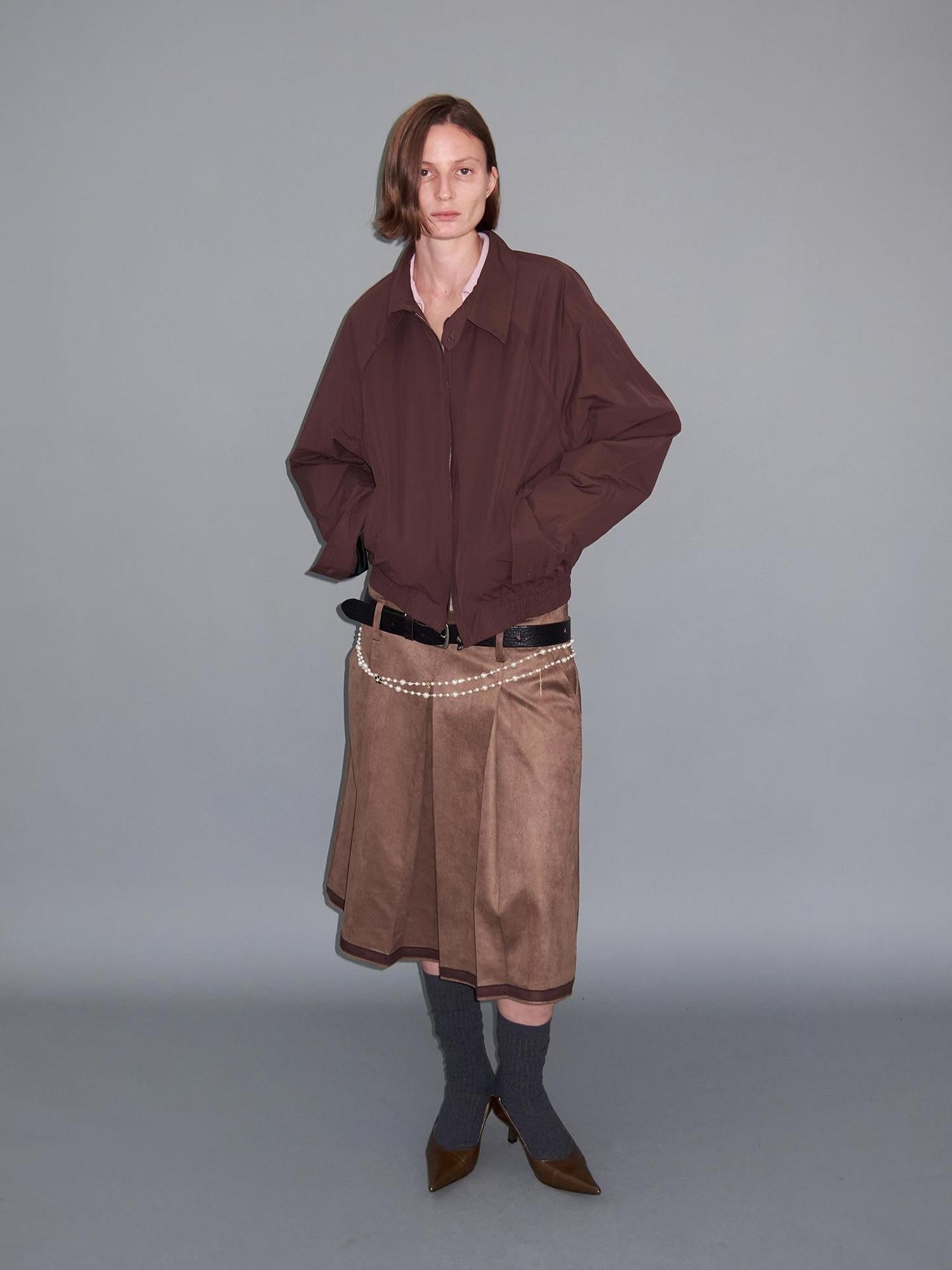 Delivery Brown Suede Aline Colorblock Hem Hand Pressed Pleats Women&
