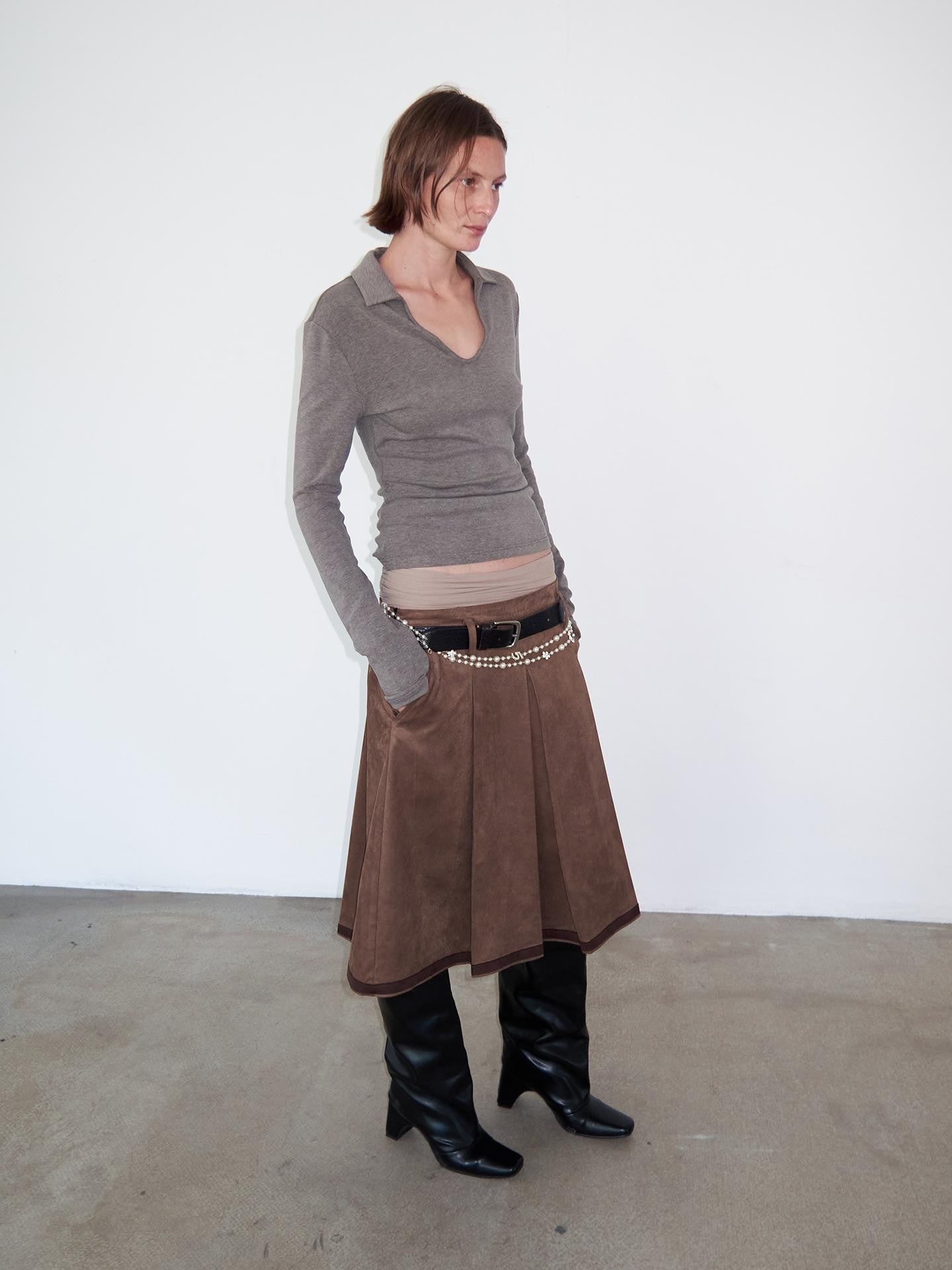 Delivery Brown Suede Aline Colorblock Hem Hand Pressed Pleats Women&