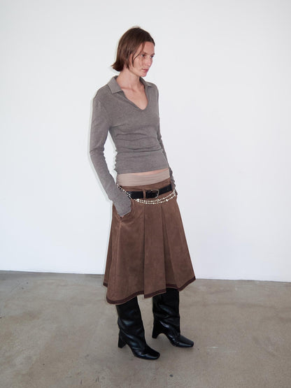 Delivery Brown Suede Aline Colorblock Hem Hand Pressed Pleats Women&