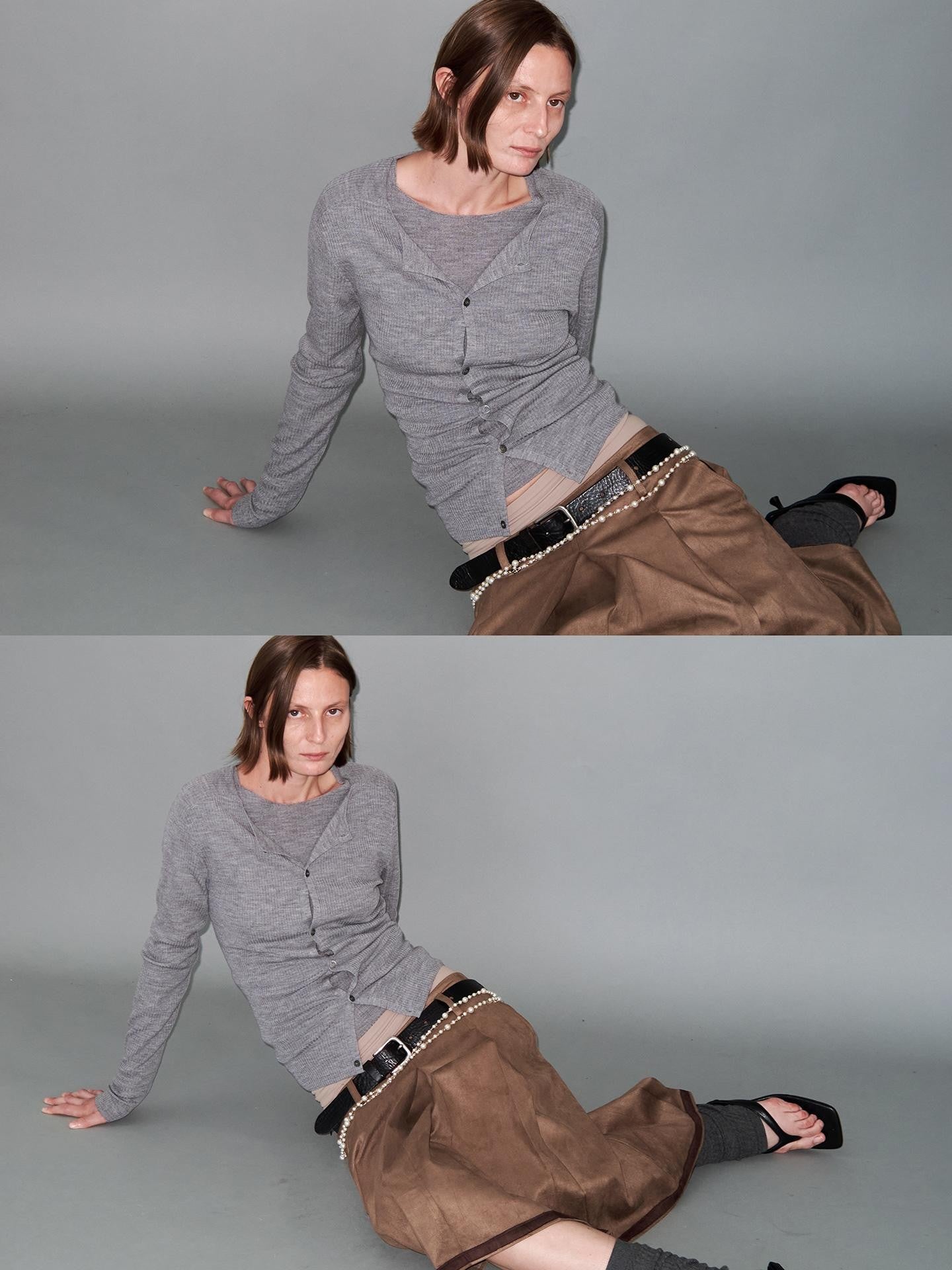 Delivery Brown Suede Aline Colorblock Hem Hand Pressed Pleats Women&
