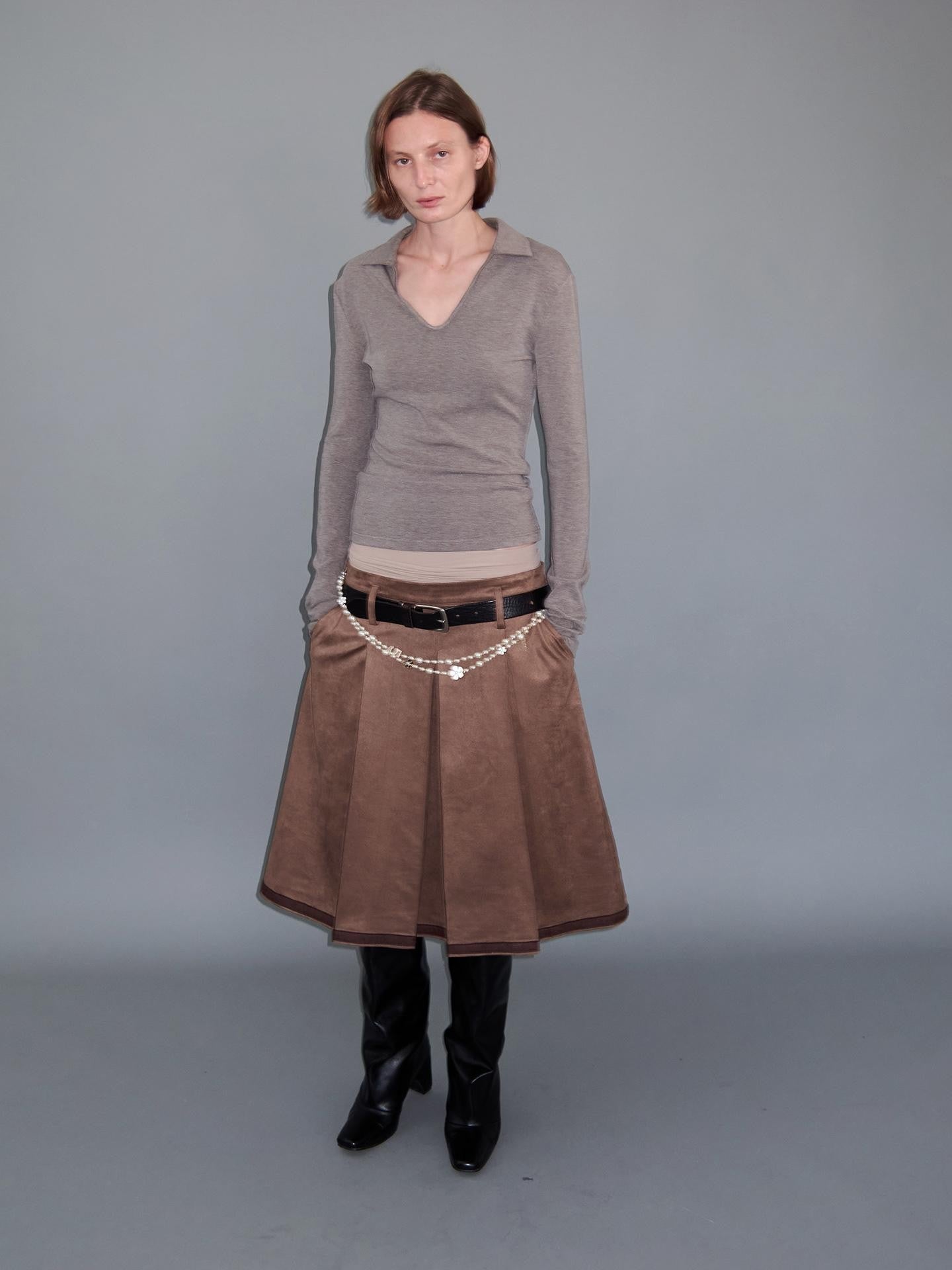 Delivery Brown Suede Aline Colorblock Hem Hand Pressed Pleats Women&