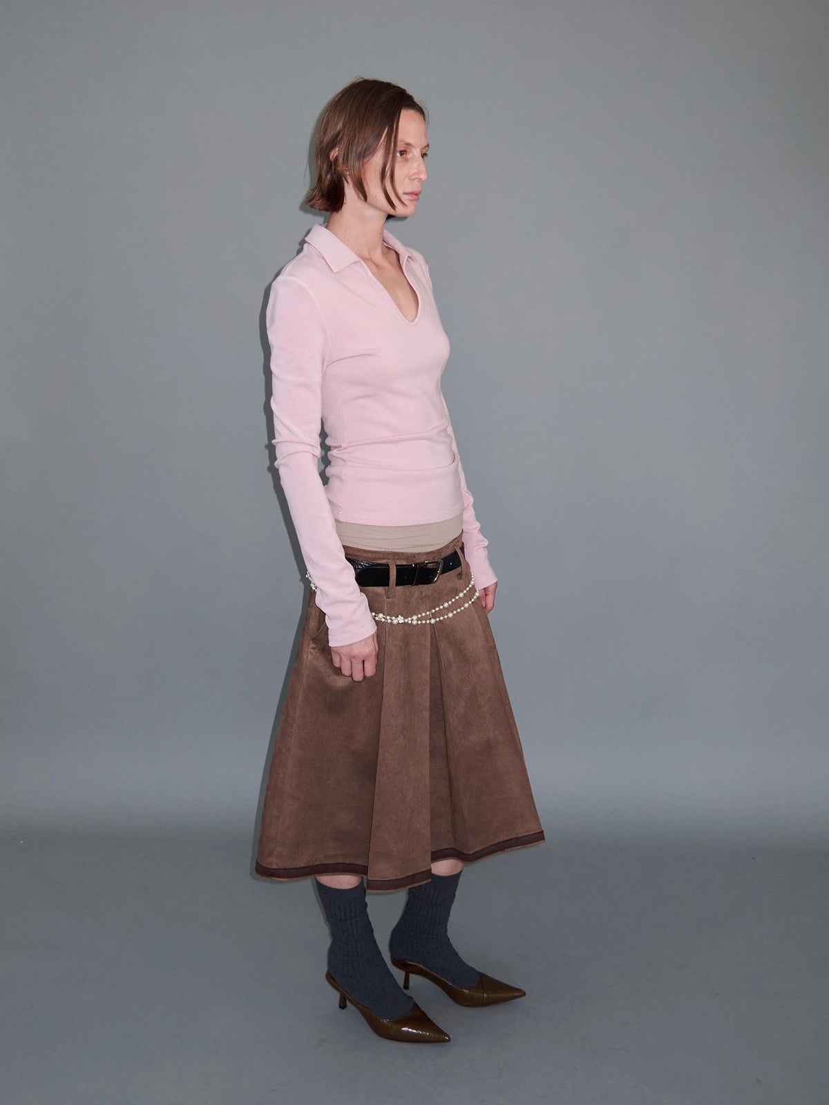 Delivery Brown Suede Aline Colorblock Hem Hand Pressed Pleats Women&
