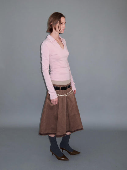 Delivery Brown Suede Aline Colorblock Hem Hand Pressed Pleats Women&
