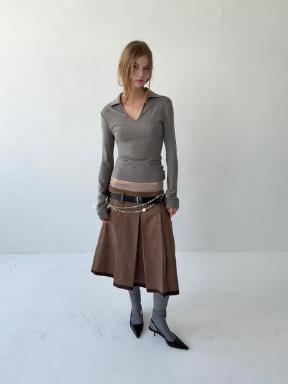 Delivery Brown Suede Aline Colorblock Hem Hand Pressed Pleats Women&