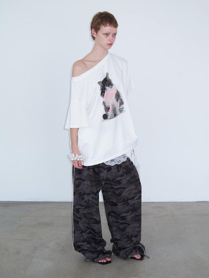 Delivery Butterfly Bow Print Wide Neck White T-shirt Off Shoulder Top