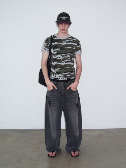 Delivery Camo Gray Panel Round Neck Loose Straight Women&