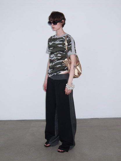 Delivery Camo Gray Panel Round Neck Loose Straight Women&