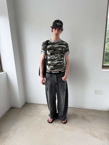 Delivery Camo Gray Panel Round Neck Loose Straight Women&