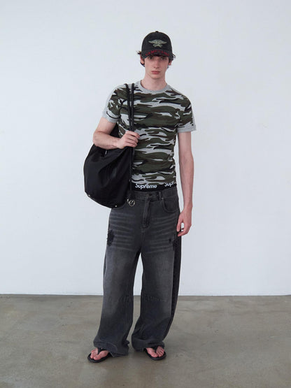 Delivery Camo Gray Panel Round Neck Loose Straight Women&