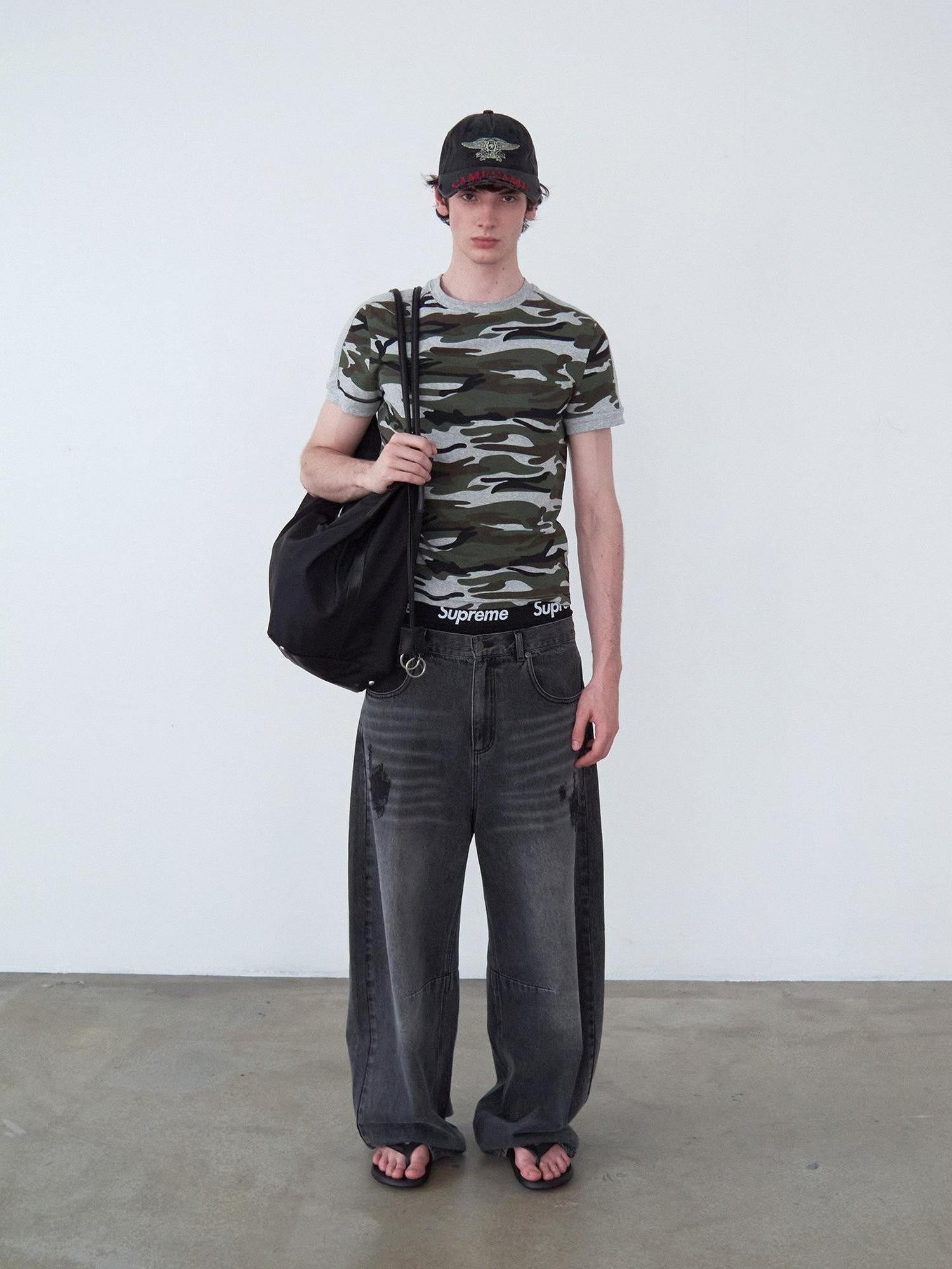 Delivery Camo Gray Panel Round Neck Loose Straight Women&