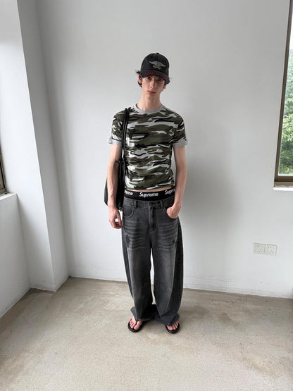 Delivery Camo Gray Panel Round Neck Loose Straight Women&