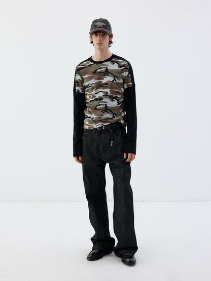 Delivery Camouflage Print Faux Layered Color Block Women&