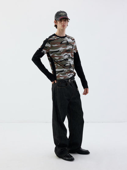 Delivery Camouflage Print Faux Layered Color Block Women&