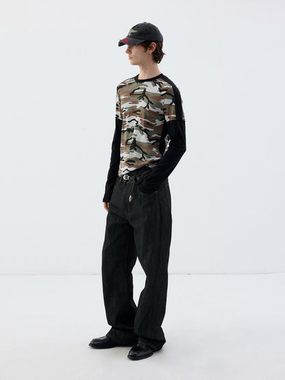 Delivery Camouflage Print Faux Layered Color Block Women&