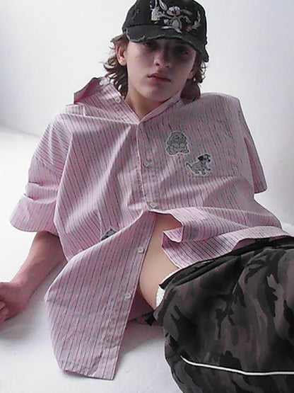 Delivery Casual Pink Purple Striped Shirt With Fun Cartoon Animal Stickers