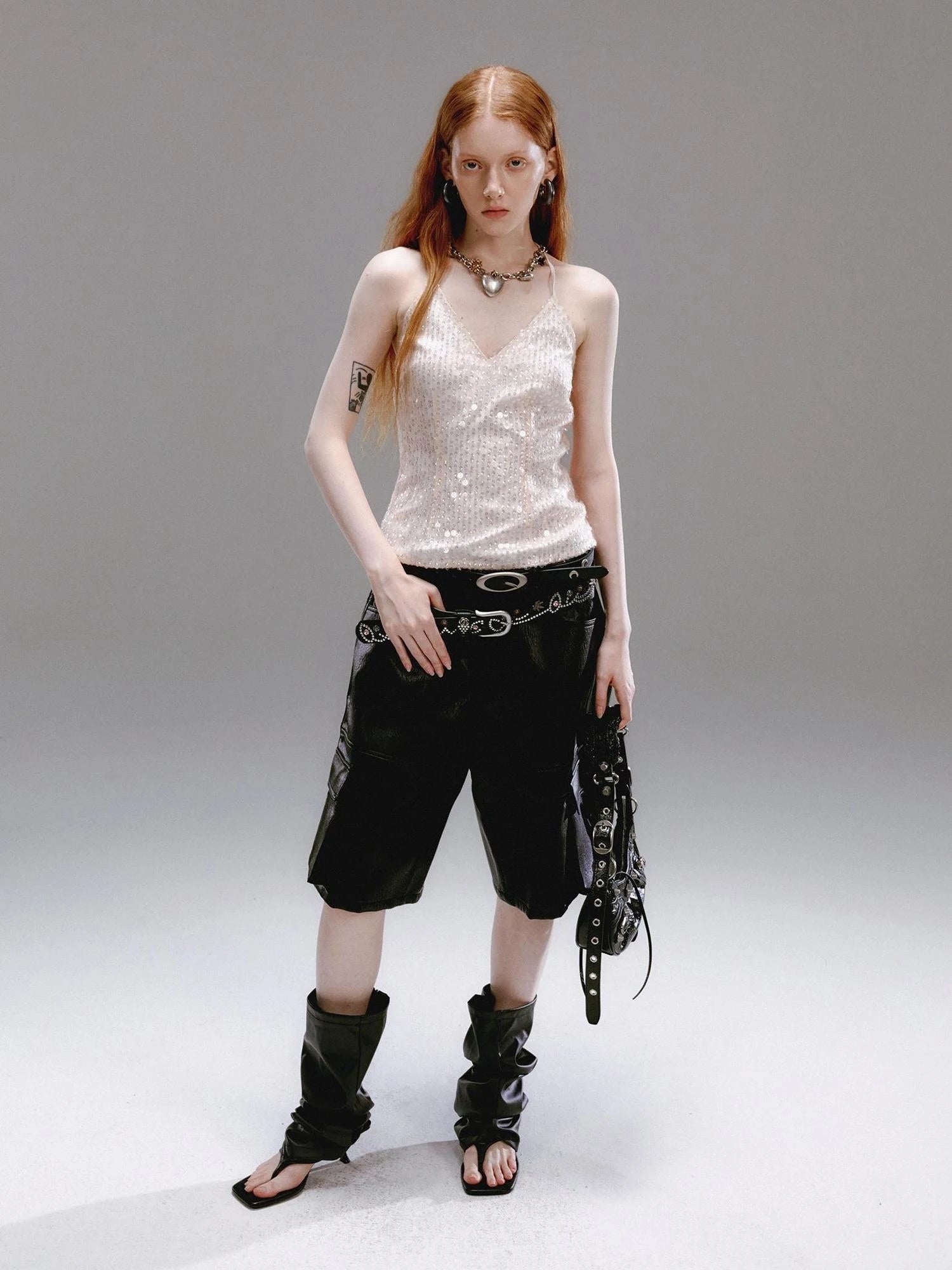 Champagne Beaded Halter V-Neck Waist Cinching Backless Vest