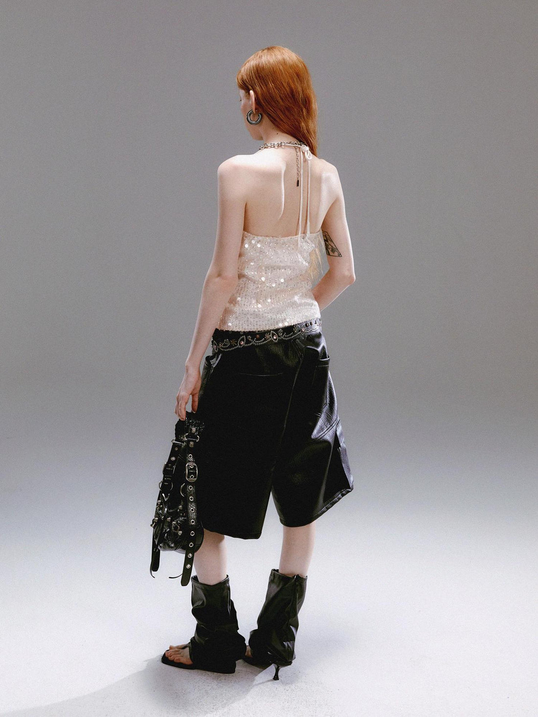 Delivery Champagne Beaded Halter V-Neck Waist Cinching Backless Vest